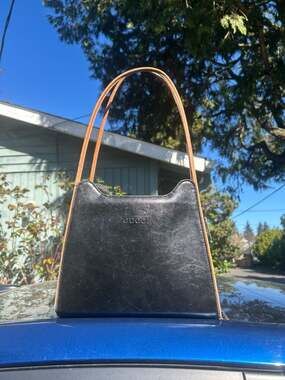 Vintage 1960s Gucci Black Leather and Brown Trim Trapezoid Shoulder Bag
